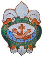 ~1920. Zománcozott cserkész jelvény Ferences rend címerével díszítve (40x30mm) T:2 Hungary ~1920. Enamelled scout badge with coat of arms of Franciscan (40x30mm) C:XF