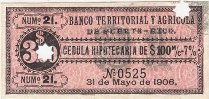 Puerto Rico 1906. "Területi és Mezőgazdasági Bank" kötvénye 3$-ról lyukasztással érvénytelenítve T:I- Puerto Rico 1906. "Banco Territorial y Agricola (Territorial and Agricultural Bank)" bond about 3 Dollars with cancellation C:AU