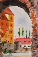 Szűr Szabó József (1902-1993): Várkapu. Akvarell, papír, jelzett, üvegezett keretben 35×48 cm