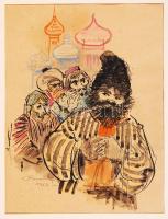 Róna Emy (1904-1988):Vörös téri alakok. Akvarell-tus, papír, jelzett, 20×15 cm