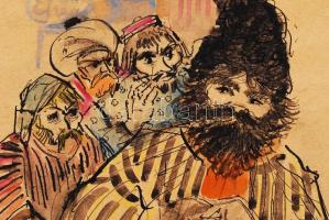 Róna Emy (1904-1988):Vörös téri alakok. Akvarell-tus, papír, jelzett, 20×15 cm