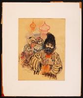 Róna Emy (1904-1988):Vörös téri alakok. Akvarell-tus, papír, jelzett, 20×15 cm