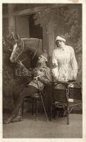 WWI K.u.K. Soldier, horse, Red Cross nurse, H.H.i.W. serie 1387 (EB)