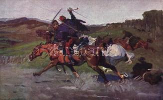 Kozákhalál Máramarosban, a Hadsegélyező hivatal képeslapja / Hungarian cavalryman, military art postcard s: Juszkó (fl)