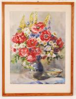 Edvi Illés Panni (1897-1978): Virágcsendélet. Akvarell, papír, jelzett, üvegezett keretben, 62×46 cm