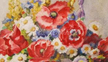 Edvi Illés Panni (1897-1978): Virágcsendélet. Akvarell, papír, jelzett, üvegezett keretben, 62×46 cm