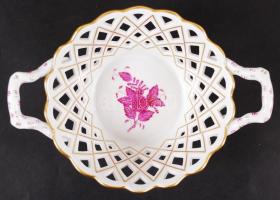 Herendi Apponyi mintás áttört füles porcelán kosár, hibátlan, jelzett, m:8 cm, 20x15 cm