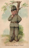 'Wann ist der Krieg zu Ende?' / 'When will the war end?' Child dressed as a soldier litho, 'Mikor lesz vége a háborúnak?' katonának öltözött gyerek, litho