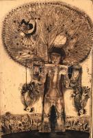 Molnár Gabriella (1940-): Vadász. Rézkarc, papír, jelzett, üvegezett keretben, 31×21 cm