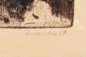 Barczi Pál (1933-2003):Sajó part. Rézkarc, papír, jelzett, üvegezett keretben, 18×23 cm