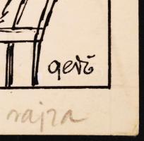 Gerő Sándor (1904-1977): Szomszéd Balázst kirázza a hideg. Tus, papír, jelzett, 9×33 cm