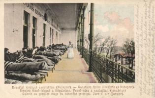 Budapest XII. Erzsébet királyné szanatórium, emeleti fekvő folyosó, fekvő kúra a szabadban (fa)