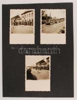 1941 Budapesti gyors seregtest hazajövetele a Délvidékről, 3 db fotó, kartonra ragasztva, 6x9 cm