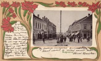 Kaposvár, Korona utca, Geiszler kereskedése; Emb. Art Nouveau litho; Gerő Zsigmond kiadása (ragasztónyom / gluemark)