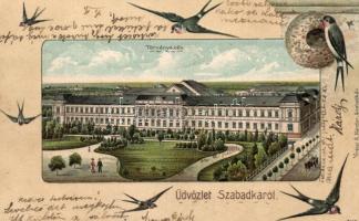 Szabadka, Törvényszék; Krécsi A. Nándor kiadása / court, birds Emb. litho