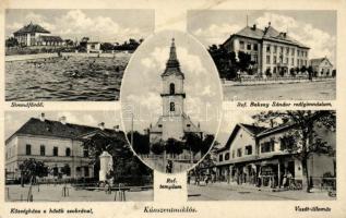Kunszentmiklós, strand, Baksay Sándor reálgimnázium, községháza, Hősök szobra, vasútállomás, Református templom