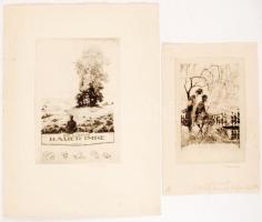cca 1930 Révész Kornél (1885-1944): 2 db ex libris. Rézkarc, papír, jelzett. 12x18 cm, 19x26 cm