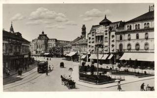 Nagyvárad, Horthy Miklós tér, Neumann M. üzlete / square, bank, shops, train