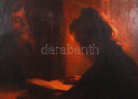 Olvashatatlan jelzéssel: Esti felolvasás. Olaj, vászon, keretben, 55×75 cm