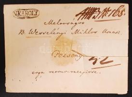 1835 Nagykároly, báró Wesselényi Miklósnak Pozsonyba, az országgyűlésre küldött levélboríték viaszpecséttel