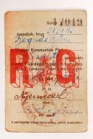 1947 Magyar Kommunista Párt Kispesti szervezet Rendezői Gárdájának tagsági igazolványa