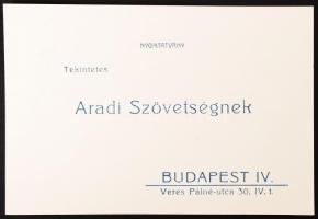 1939 Meghívó az Aradi Szövetség a Pannonia szálló télikertjében rendezendő Báró Urbán Péter emlékserleg vacsorájára