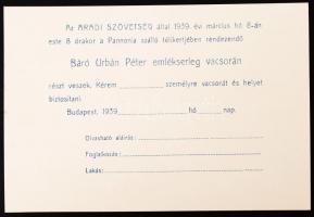 1939 Meghívó az Aradi Szövetség a Pannonia szálló télikertjében rendezendő Báró Urbán Péter emlékser...