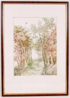 Molnár Gabriella (1940-): Erdő. Rézkarc, papír, jelzett, üvegezett keretben, 38×28 cm