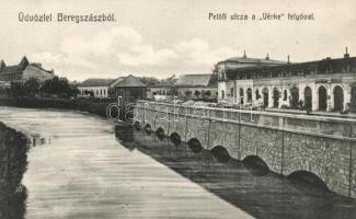 Beregszász, Petőfi utca a Vérke folyóval; Auer K. és Kovács K. kiadása / riverside