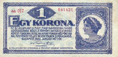 1920. 1K "N" fölött látványos fehér folt (lemezhiba) T:II