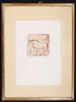 Ismeretlen német művész: Lovak. Rézkarc, papír, jelzett, üvegezett keretben, 6x6 cm