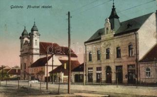 Galánta, Fő utca, templom, üzletek / main street, church, shops (small tear)