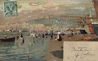 Naples, Napoli; Carmine, beach, boats, bathers (EB)