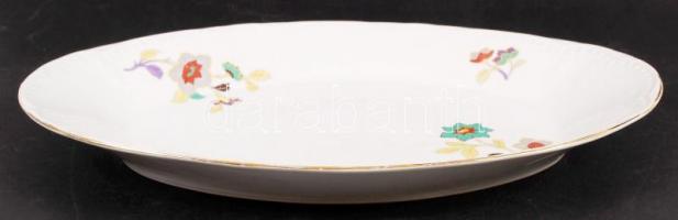 Zsolnay virágmintás porcelán tál, 2 db, kisebb mázhibákkal, h: 38 cm, d: 25 cm