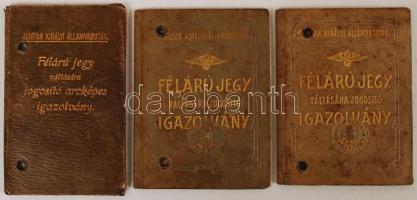 1908-1924 Magyar Királyi Államvasutak félárú jegy váltására jogosító fényképes igazolványok, 3 db bő...