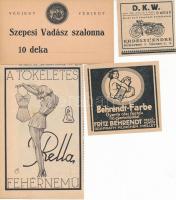 19-20. századi vegyes reklám anyag tele érdekességgel, 50 db (Váncza sütőpor, Szepesi Vadász szalonna, tökéletes Rella fehérnemű stb.)