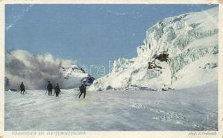 Aletsch Glacier, ice fall, skiers (EB)