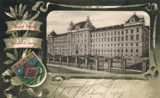 Pécs, Hadapród iskola, címer; Domján I. kiadása / coat of arms litho