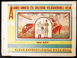 cca 1930 Áldás Jancsi és Juliska világ körüli útja, Áldás Kávépótló Gyár díszalbuma beragasztott címkékkel