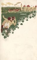 Törley pezsgő, a Törley-kastély / Hungarian champagne advertisement, litho art postcard