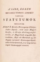 A jász és Kun megyebéli törvény-székeket tárgyazó statutumok, mellyek Jósef, ő királyi herctzegsége felséges nádor-ispány, mint azon megyék grófja, és birája által meg-erőssittetvén, a megyéknek 1799-dik esztendőben, bőjt-elő havának 13-dik napján tartatott közönséges gyűlésében ki-hirdettettek, és a’ megtartás végett közönségessé tétettek H. n. 1799. ny. n. 30p. + 32 p. A csak magyar nyerlvű kiadás is ritka, ebben a kötetben azonban latinul is szerepel a szöveg. Tulajdonosi bejegyzéssel. Későbbi papírkötésben