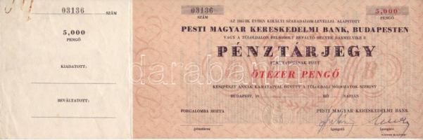 Budapest 194(5). "Pesti Magyar Kereskedelmi Bank" 5000P pénztárjegy (bankközi forgalomra) aláírt, fel nem használt darab, szelvénnyel! RR!! T:I- kis rozsdanyomokkal