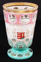 Antik magyar címeres emlékpohár, több rétegű, kézzel festett, hámozott, hibátlan, m:12 cm