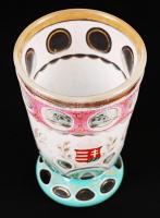 Antik magyar címeres emlékpohár, több rétegű, kézzel festett, hámozott, hibátlan, m:12 cm