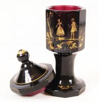 Antik fedeles kehely,kézzel festett életképpel, kopott festés, hibátlan, m:22 cm