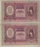 1943. 1000P "Szálasi" függőleges összefüggő párban, gyári ráncokkal, festékfoltokkal, elszíneződésekkel, előlapon alapmyomat erősen elcsúszva! T:I