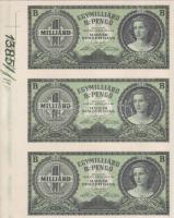 1946. 1000.000.000B.-pengő "zöld" 3-as függőleges összefüggésben bal ívszéllel, azon érdekes újból átszámozott felülnyomás + illesztőkereszt! T:I