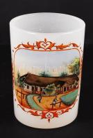 Antik Bikszádi emlékpohár, kézzel festett opálüveg, hibátlan, m:10 cm