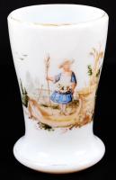 Antik emlékpohár, kézzel festett opálüveg, peremén kopott aranyozás, hibátlan, m:12 cm