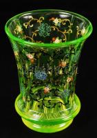 Antik urán zöld pohár, kézzel festett, csiszolt, hibátlan, m:11 cm